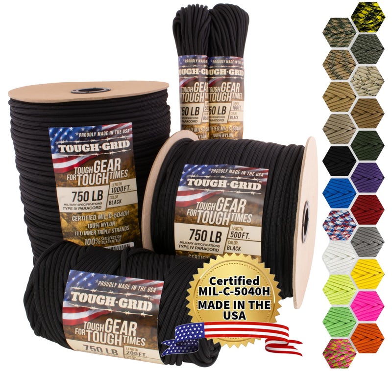 TOUGH-GRID 750 Paracord Rope Nylon Parachute Cord, Made in USA Survival Kit, Outdoor Adventures, Camping, Tactical Gear & Emergency Supplies, Military Type IV Mil-Spec - Image 1